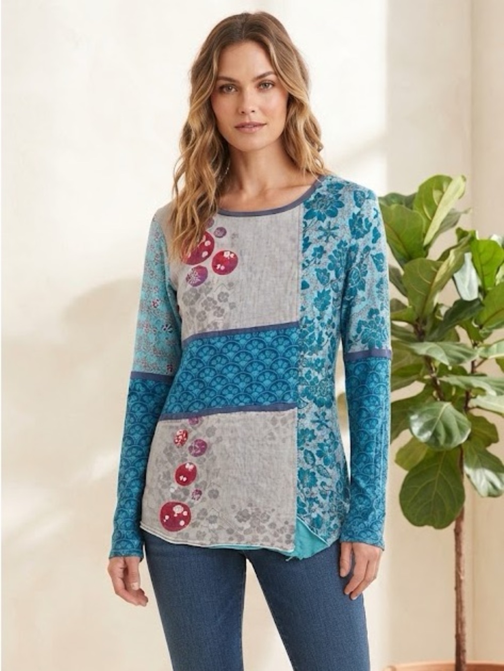 Circus du Soleil Patchwork Floral Long-Sleeve Top - Blue Cotton